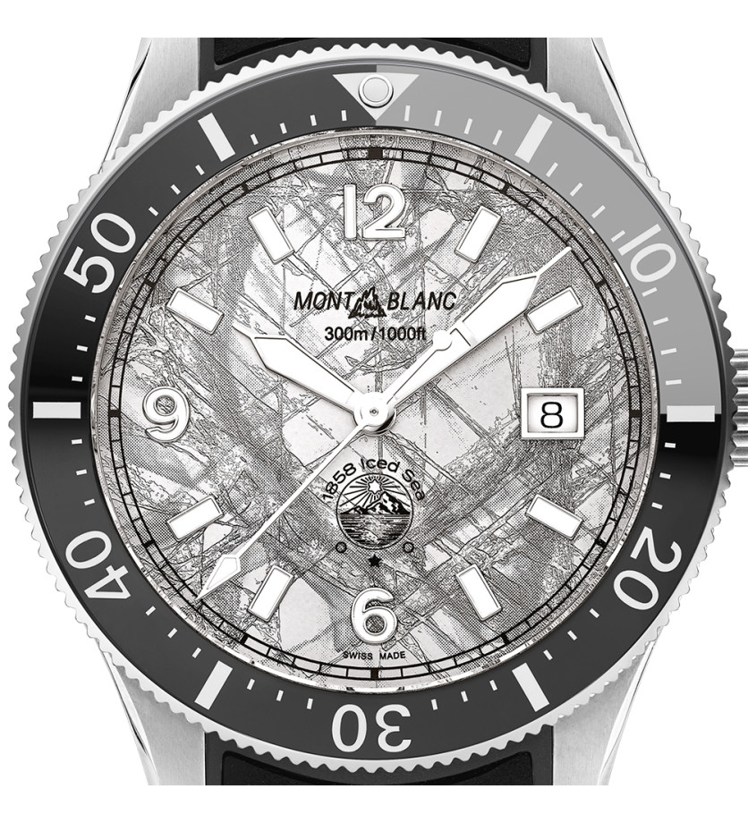 Montre Montblanc 1858 Iced Sea Automatic Date cadran gris à motif glacier bracelet caoutchouc noir 41 mm