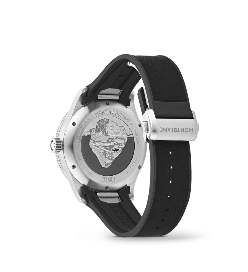 Montre Montblanc 1858 Iced Sea Automatic Date cadran gris à motif glacier bracelet caoutchouc noir 41 mm