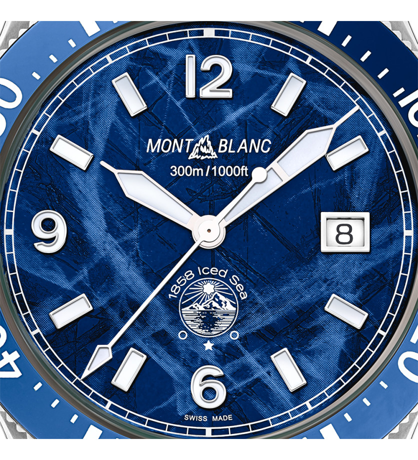 Montre Montblanc 1858 Iced Sea Automatic Date cadran bleu bracelet en caoutchouc 41mm