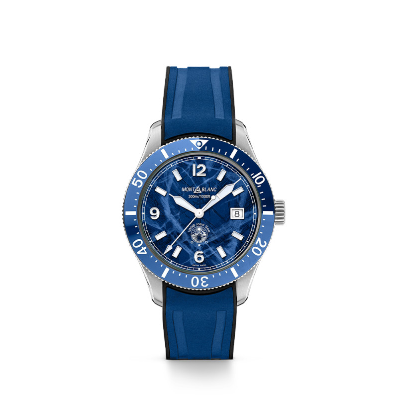 Montre Montblanc 1858 Iced Sea Automatic Date cadran bleu bracelet en caoutchouc 41 mm