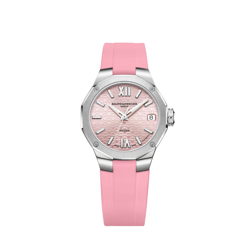 Montre Baume & Mercier Riviera automatique cadran rose bracelet caoutchouc rose 33 mm