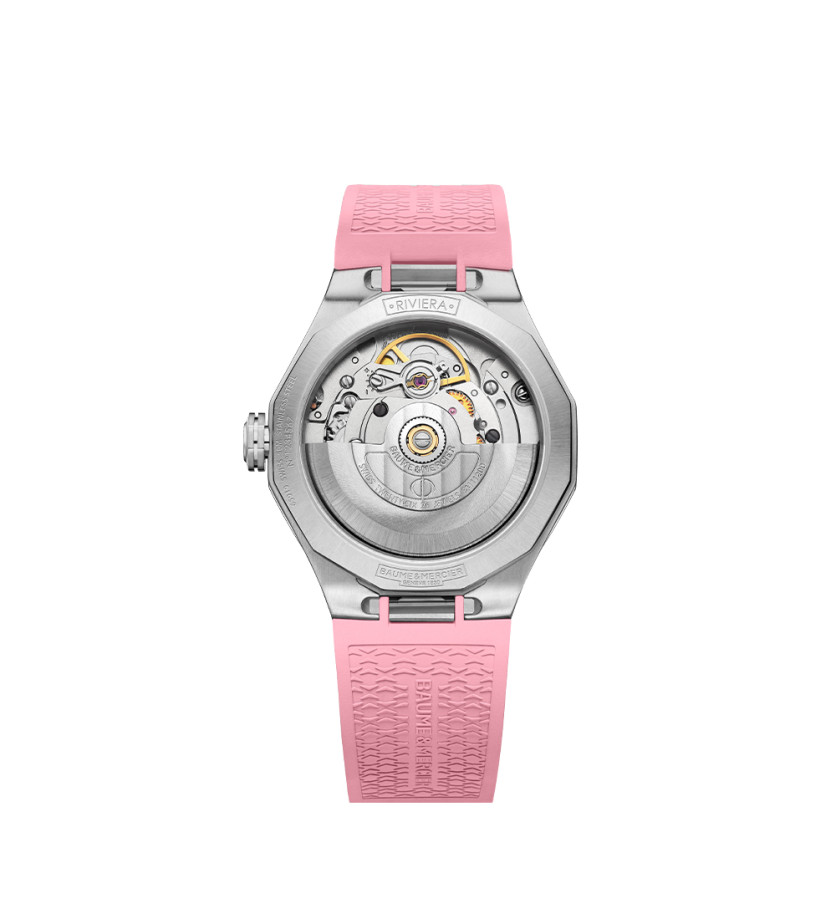 Montre Baume & Mercier Riviera automatique cadran rose bracelet caoutchouc rose 33 mm