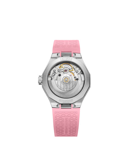 Montre Baume & Mercier Riviera automatique cadran rose bracelet caoutchouc rose 33 mm