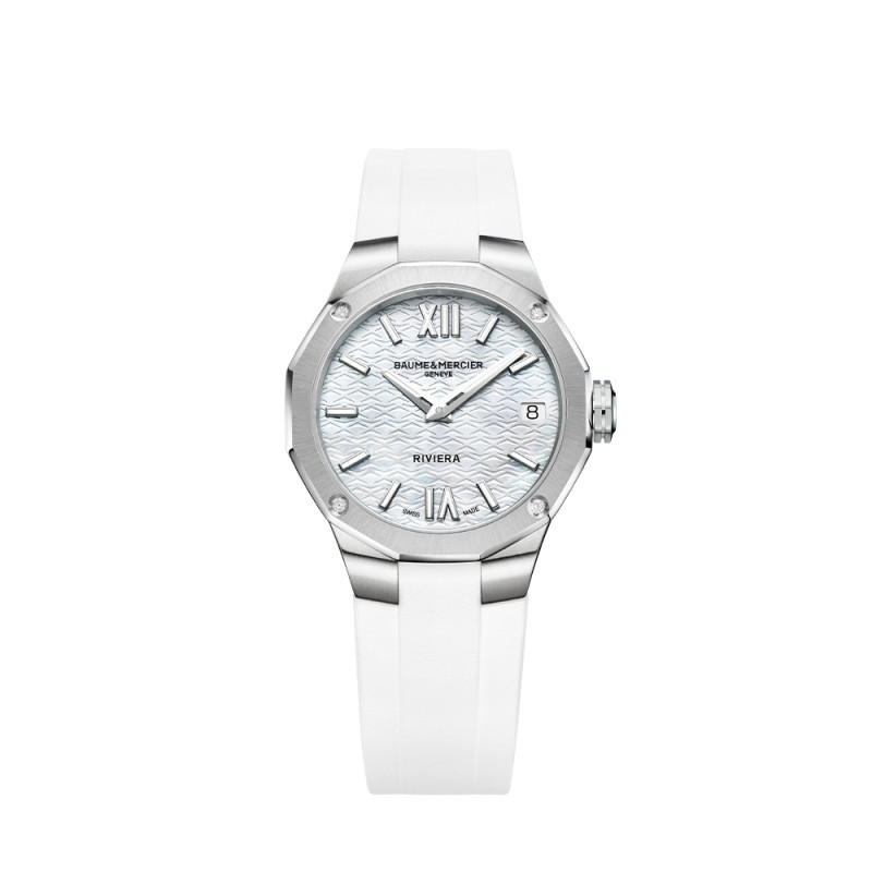 Montre Baume & Mercier Riviera quartz cadran nacre blanche lunette sertie diamants bracelet caoutchouc blanc 33 mm