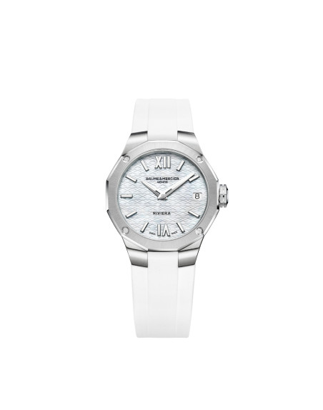 Montre Baume & Mercier Riviera quartz cadran nacre blanche lunette sertie diamants bracelet caoutchouc blanc 33 mm