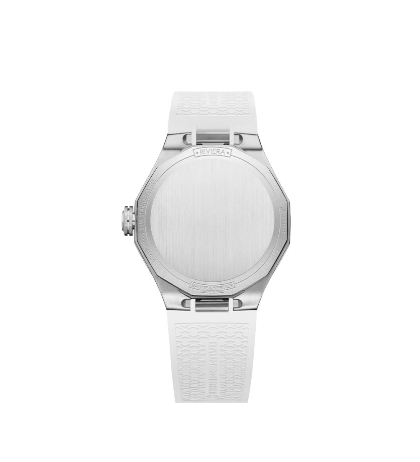 Montre Baume & Mercier Riviera quartz cadran nacre blanche lunette sertie diamants bracelet caoutchouc blanc 33 mm