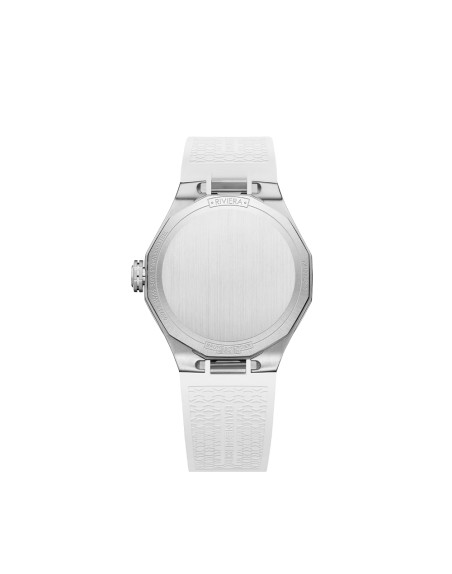 Montre Baume & Mercier Riviera quartz cadran nacre blanche lunette sertie diamants bracelet caoutchouc blanc 33 mm