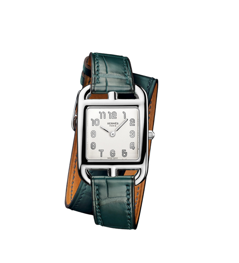 Montre Hermès Cape Cod quartz cadran argenté opalin bracelet cuir mat vert cyprès double tour 31 mm