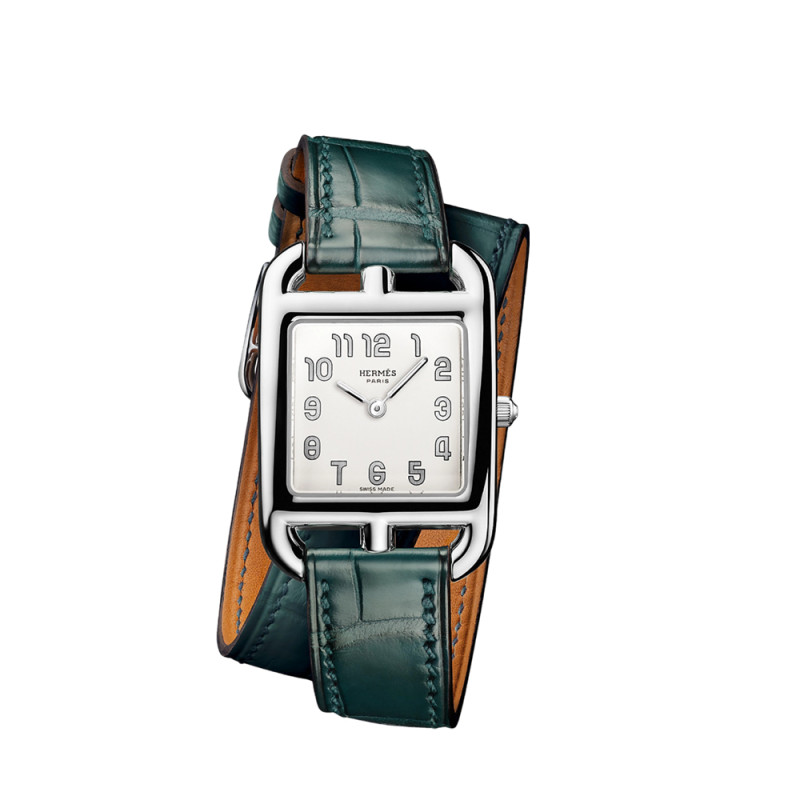 Montre Hermès Cape Cod quartz cadran argenté opalin bracelet cuir mat vert cyprès double tour 31 mm