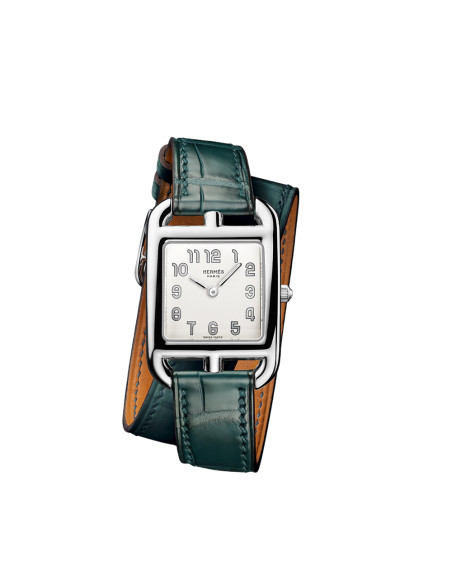 Montre Hermès Cape Cod quartz cadran argenté opalin bracelet cuir mat vert cyprès double tour 31 mm