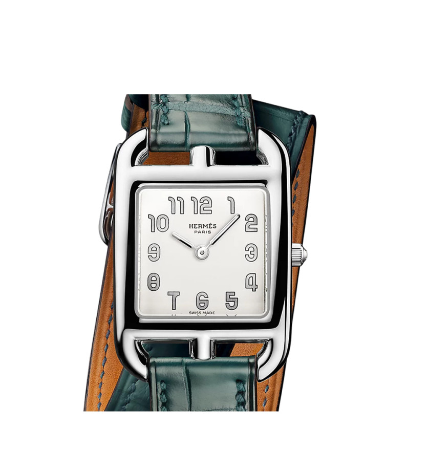 Montre Hermès Cape Cod quartz cadran argenté opalin bracelet cuir mat vert cyprès double tour 31 mm