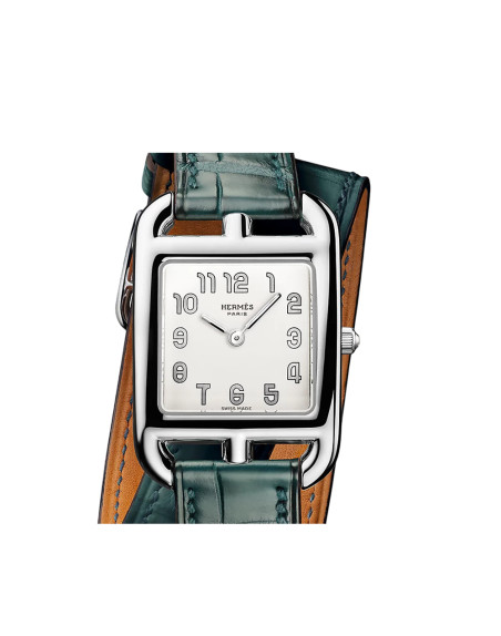 Montre Hermès Cape Cod quartz cadran argenté opalin bracelet cuir mat vert cyprès double tour 31 mm