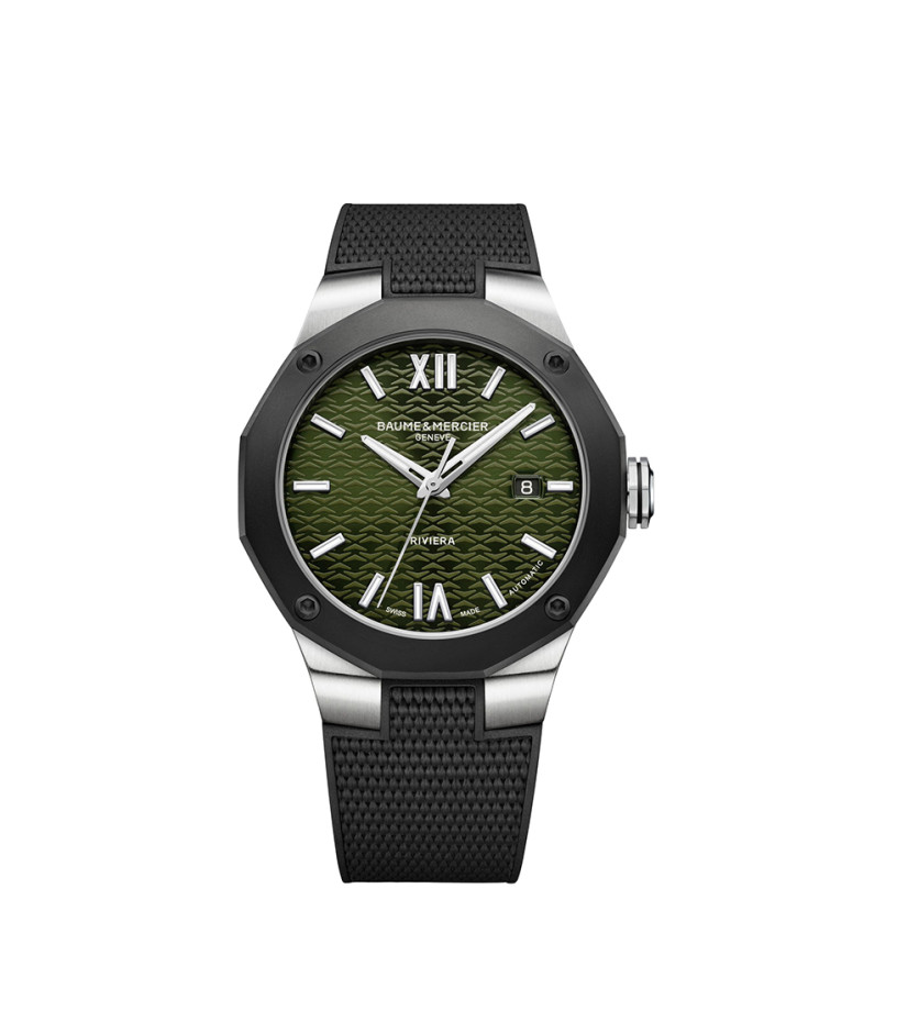 Montre Baume & Mercier Riviera automatique cadran vert bracelet caoutchouc noir 42 mm