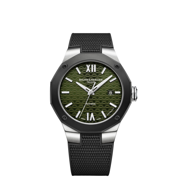 Montre Baume & Mercier Riviera automatique cadran vert bracelet caoutchouc noir 42 mm