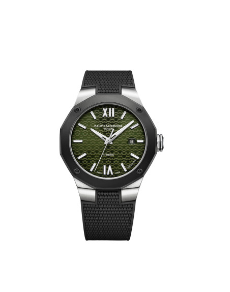 Montre Baume & Mercier Riviera automatique cadran vert bracelet caoutchouc noir 42 mm