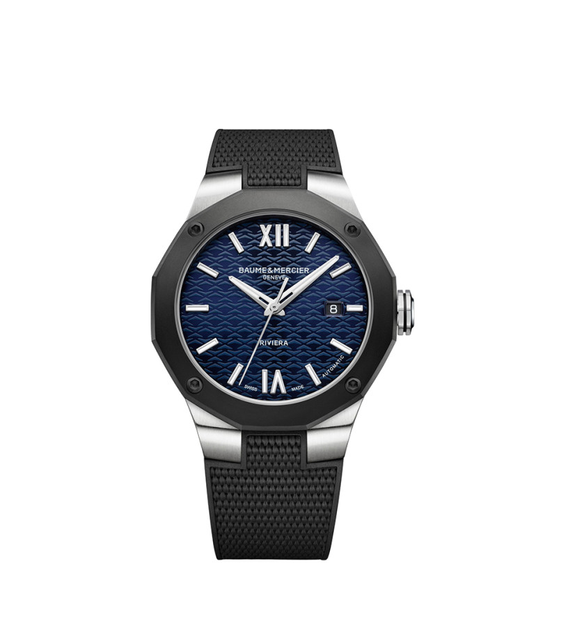 Montre Baume & Mercier Riviera automatique cadran bleu bracelet caoutchouc noir 42 mm