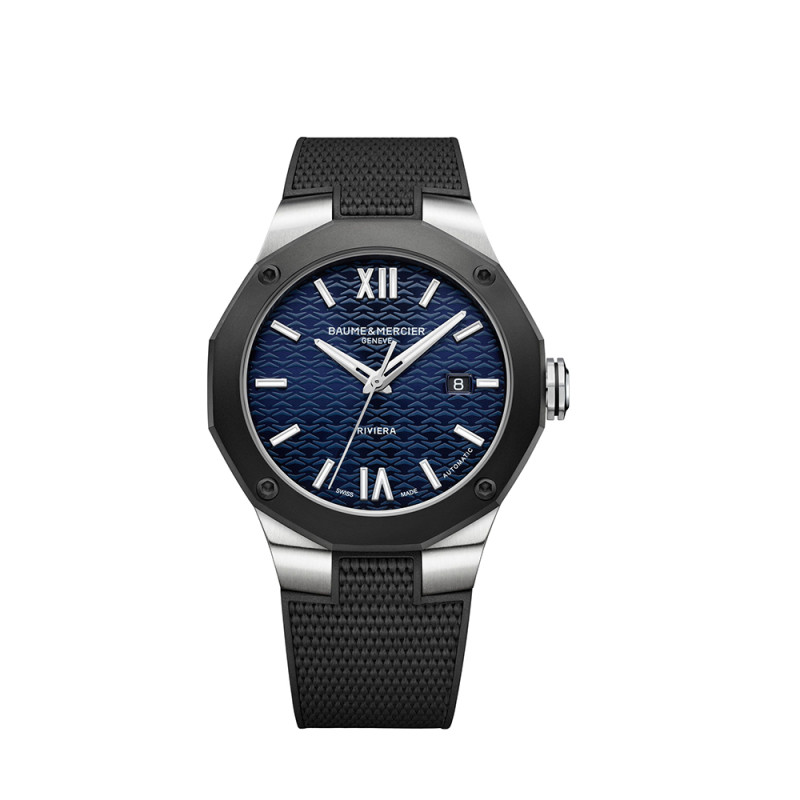 Montre Baume & Mercier Riviera automatique cadran bleu bracelet caoutchouc noir 42 mm