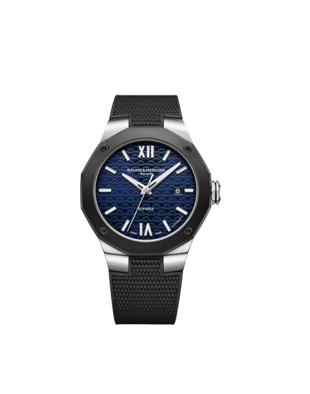 Montre Baume & Mercier Riviera automatique cadran bleu bracelet caoutchouc noir 42 mm