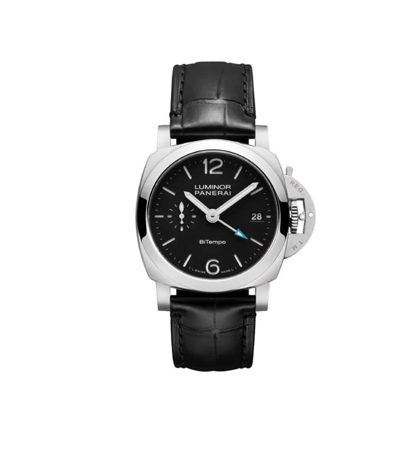 Montre Panerai Luminor Quaranta BiTempo automatique cadran noir bracelet en cuir d'alligator noir 40 mm