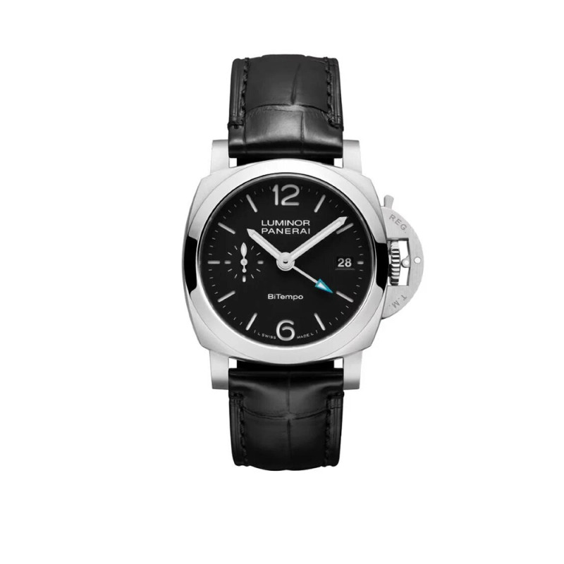 Montre Panerai Luminor Quaranta BiTempo automatique cadran noir bracelet en cuir d'alligator noir 40 mm