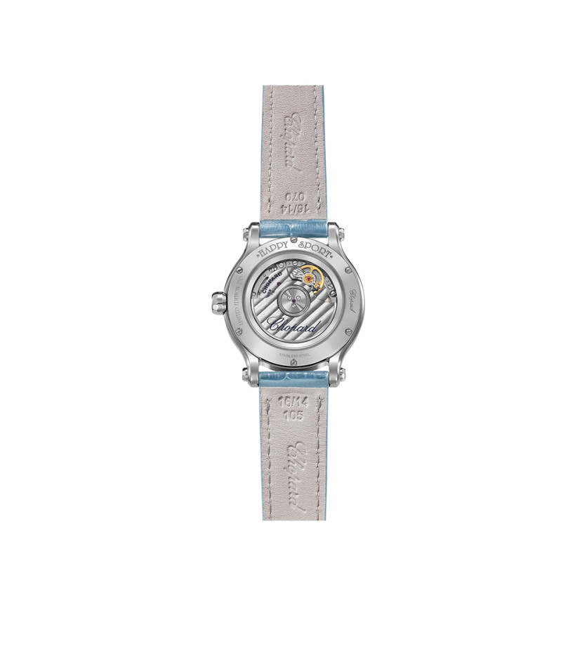 Montre Chopard Happy Sport quartz cadran argent bracelet alligator bleu 33mm