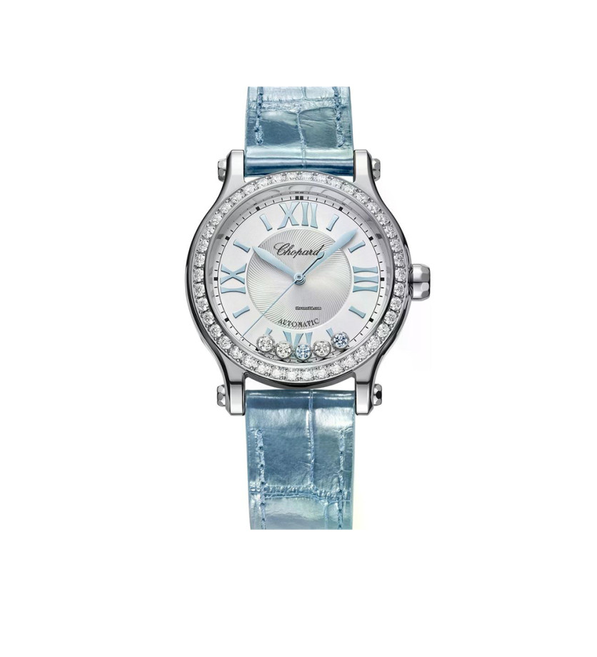 Montre Chopard Happy Sport quartz cadran argent bracelet alligator bleu 33mm