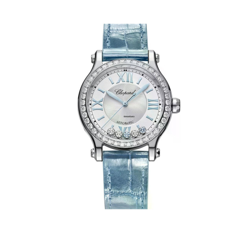 Montre Chopard Happy Sport quartz cadran argent bracelet alligator bleu 33mm