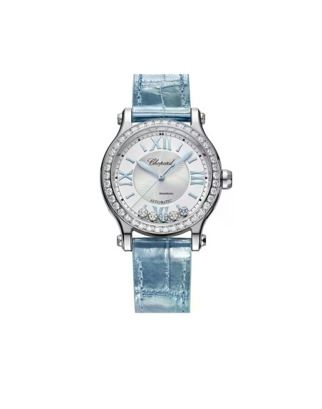 Montre Chopard Happy Sport quartz cadran argent bracelet alligator bleu 33mm