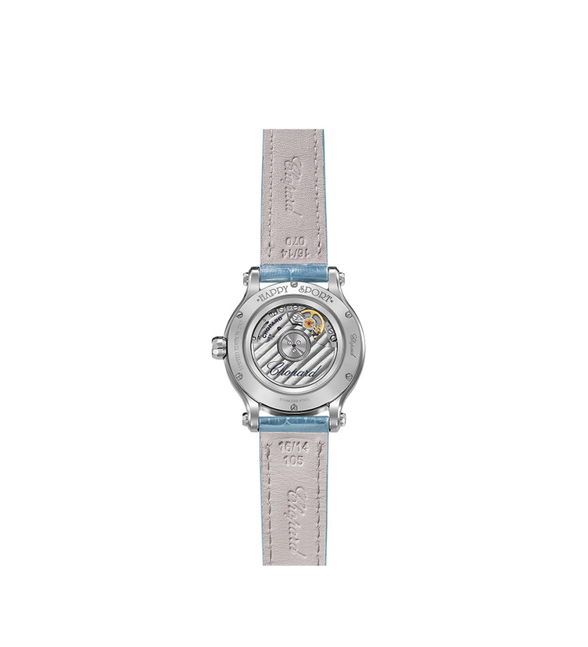 Montre Chopard Happy Sport automatique cadran argenté bracelet cuir bleu 33 mm