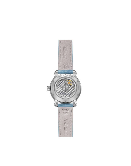 Montre Chopard Happy Sport automatique cadran argenté bracelet cuir bleu 33 mm