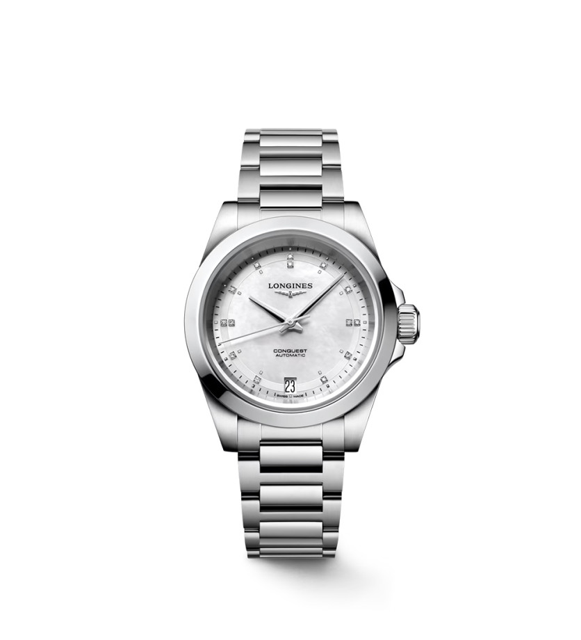 Montre Longines Conquest automatique cadran nacre blanche index diamants bracelet acier 34 mm