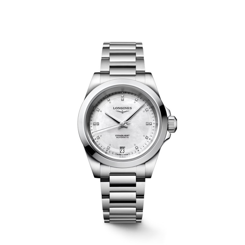 Montre Longines Conquest automatique cadran nacre blanche index diamants bracelet acier 34 mm