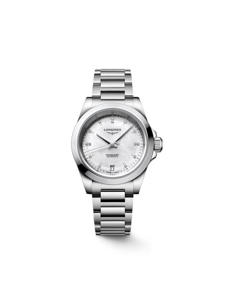 Montre Longines Conquest automatique cadran nacre blanche index diamants bracelet acier 34 mm